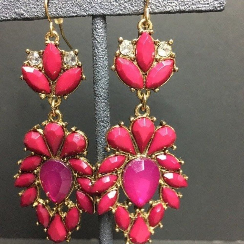 Dangle Pierced Statement Earrings Rhinestone Pink Gold Hook Barbie Bling Glam